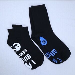 2 Pair of Gaming Socks Black with White lettering and Black with Blue Lettering